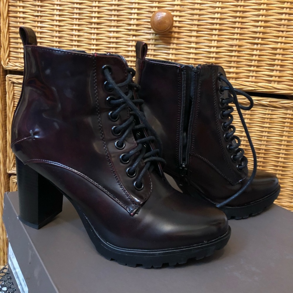 Granny style lace up Burgundy high heeled boots